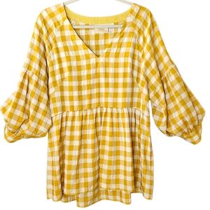 Maeve April Babydoll Gingham Blouse Gold White Button Puff Sleeve V-Neck M